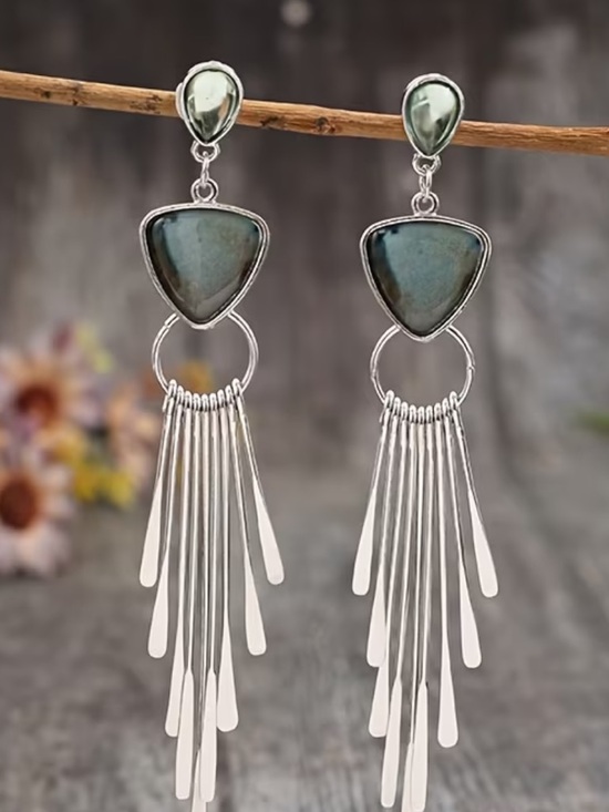 Handmade Jewelry - Silver Fringe Dangle Earrings Green Stone Boho Statement Drop Earrings
